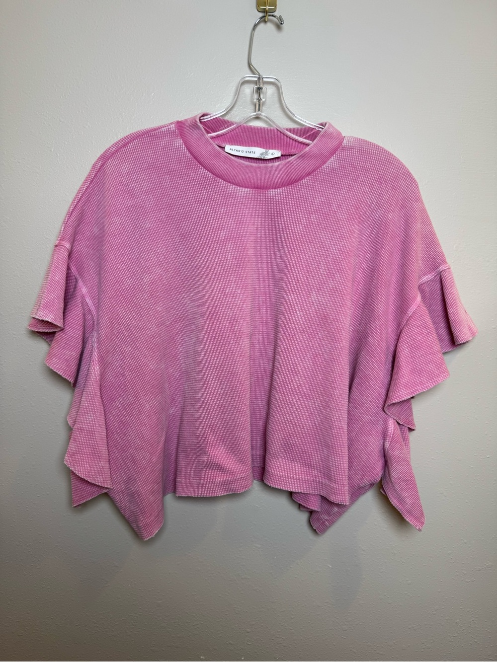 Altar'd State Pink Ruffle Sleeve Waffle Knit Top